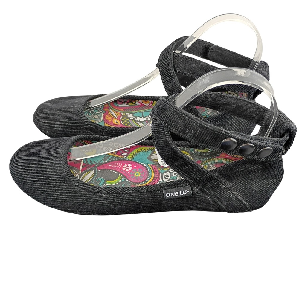 ONeill Misfit Black Corduroy Ankle Strap Ballet Flats Paisley Lining Womens 7.5